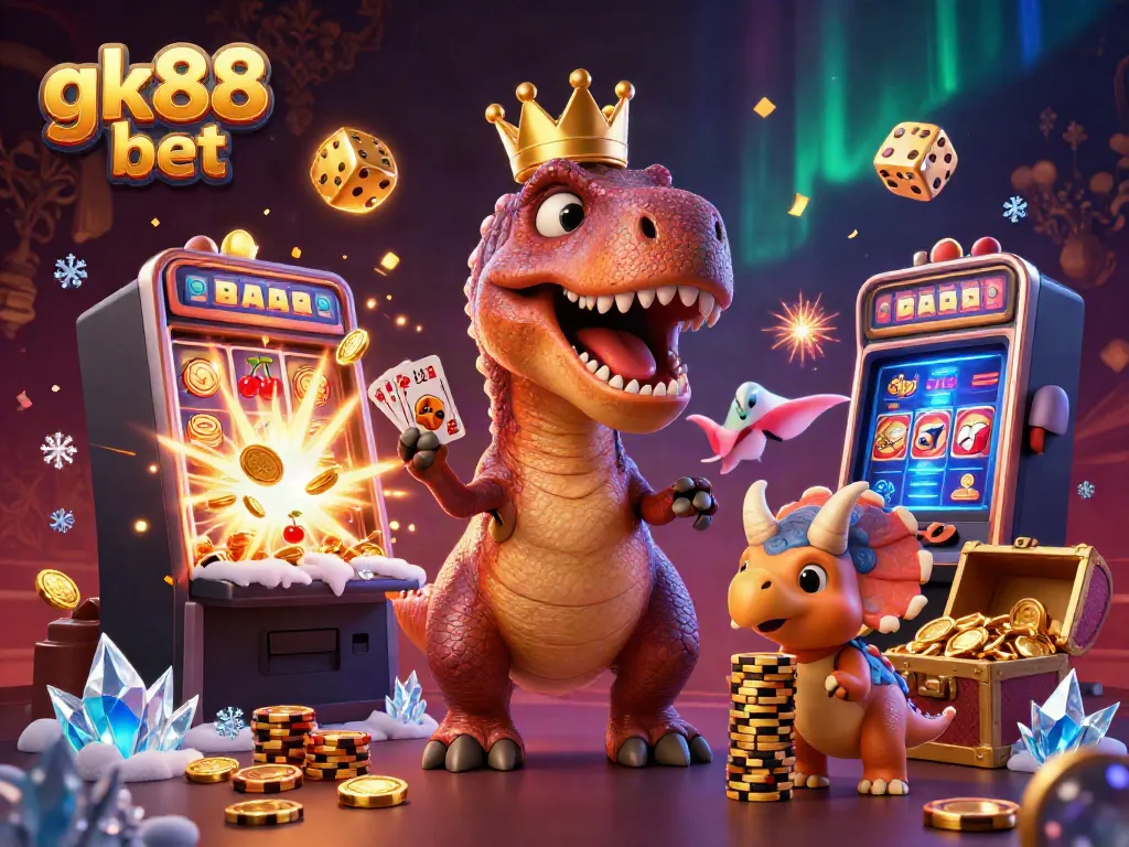 Experience vibrant gameplay with gk88 bet featuring a friendly T-Rex, Pterodactyl, and Triceratops in a dynamic casino scene.