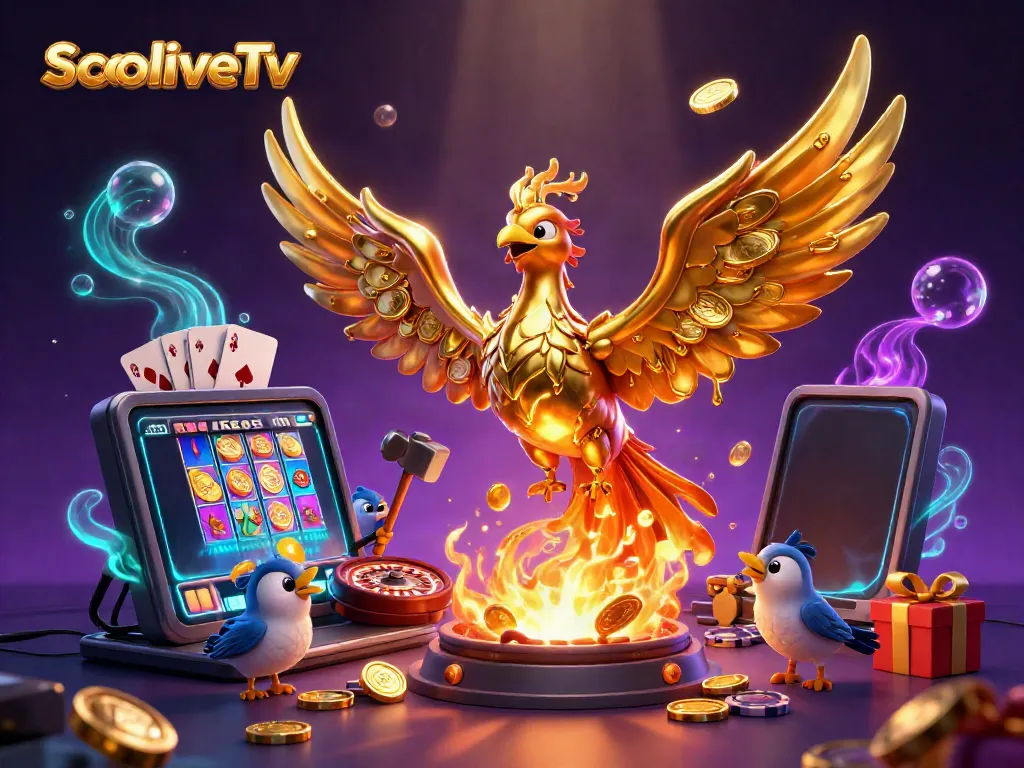 SocoliveTv showcases an ultra-detailed 3D illustration of a golden phoenix with coins, surrounded by vibrant gambling elements.