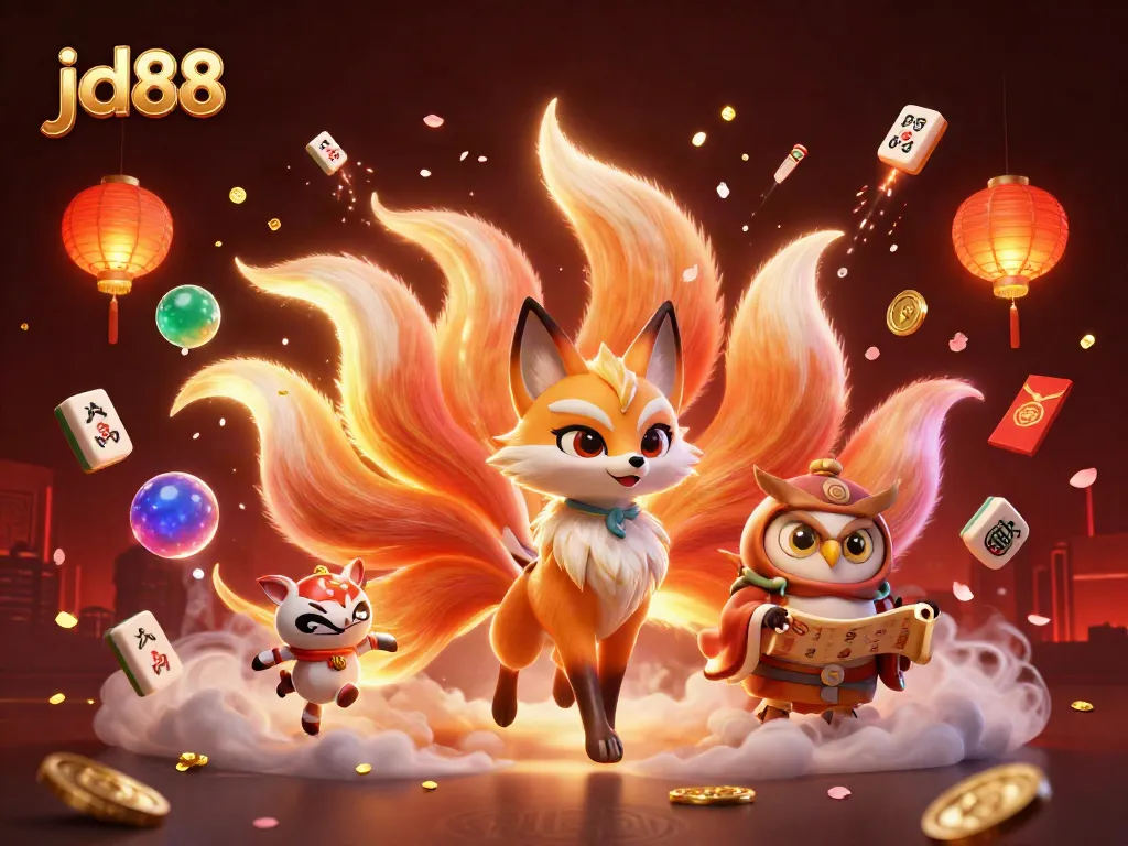 Experience engaging games at jd88 with vibrant visuals of a colorful fox spirit and gaming elements.