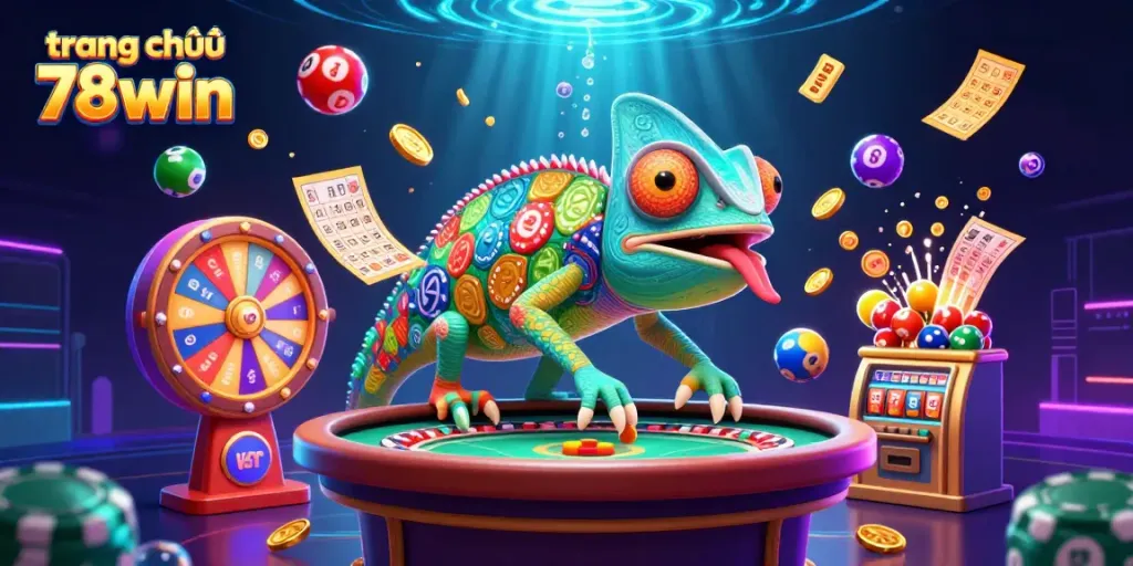 Experience the vibrant, dynamic world of trang chủ 78win with colorful casino elements and a chameleon owner in action.