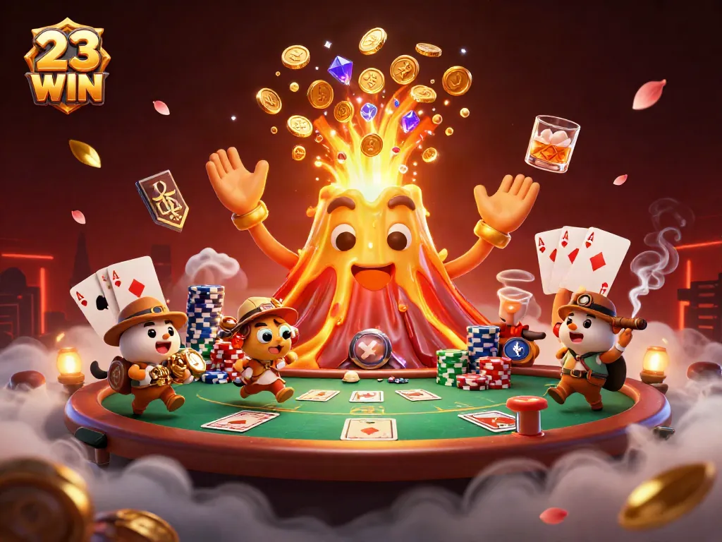 Engage with 23 WIN in this vibrant 3D scene of a triumphant volcano surrounded by casino elements.