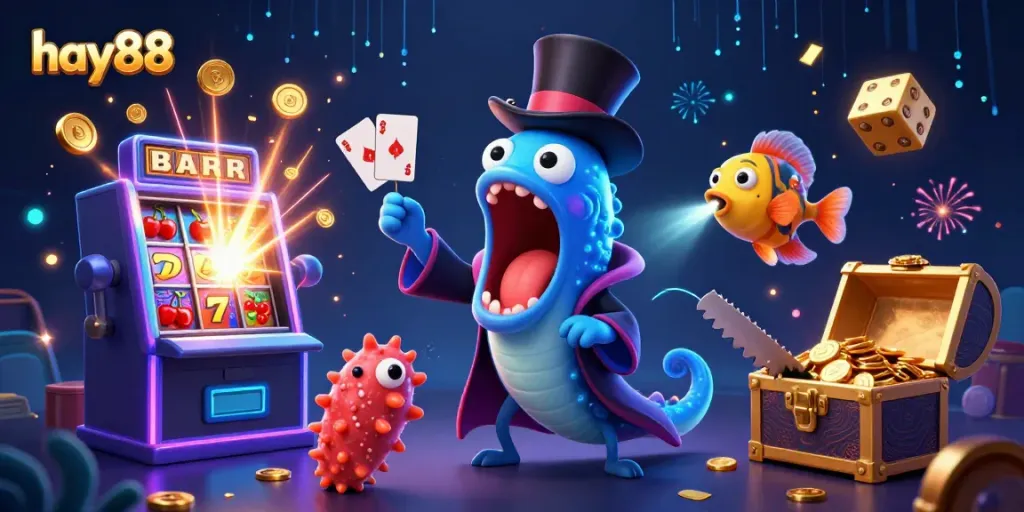 Engaging scene showcasing hay88 with unique underwater characters in a vibrant casino world.