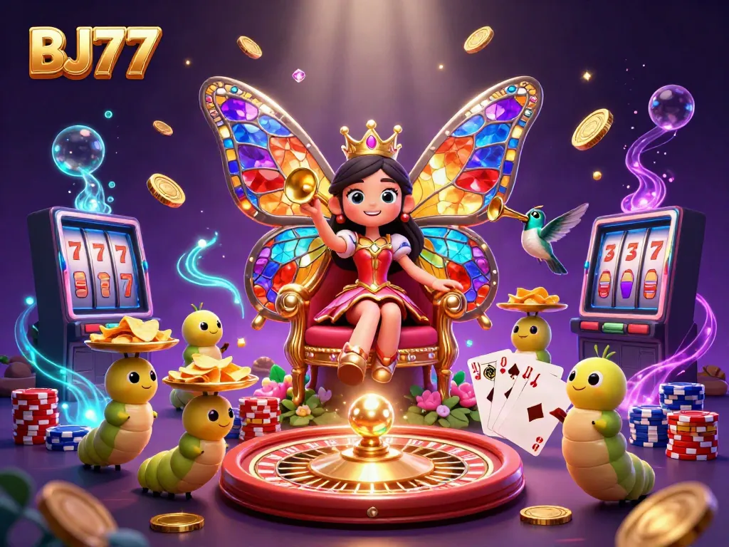 Experience the BJ77 magic with a butterfly queen, roulette, and vibrant casino elements.