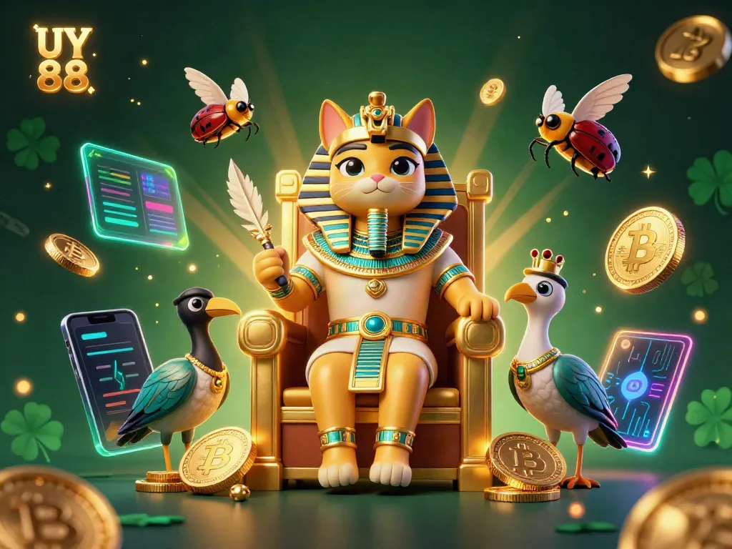 Experience the vibrant world of UY 88 with Egyptian-inspired characters and crypto elements in this rich 3D casino scene.