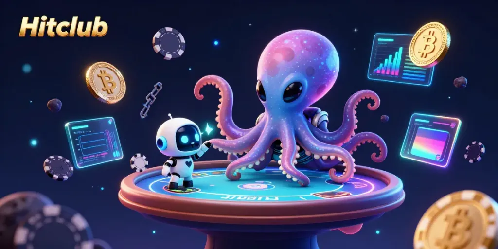 Hitclub alien octopus engaging at a holographic poker table surrounded by vibrant crypto elements.