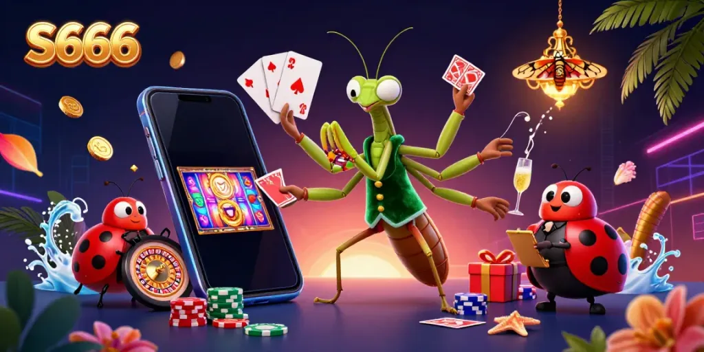 S666 casino scene showcasing a praying mantis dealer, a ladybug pit boss, and vibrant gaming elements.