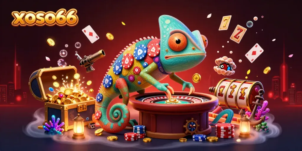 Engage with the vibrant world of xoso66 as a chameleon casino owner delights in winning moments amidst treasures and games.