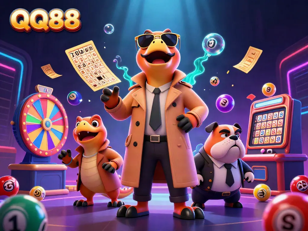 Experience the excitement of QQ88 with 3D cartoon raptors disguised as a tall player in a VIP casino scene surrounded by dynamic lottery elements.