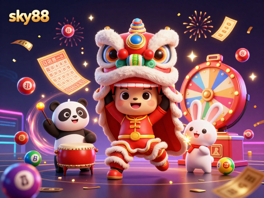 Engage in thrilling gaming at sky88 with dynamic lion dance and festive elements in a vibrant casino scene.