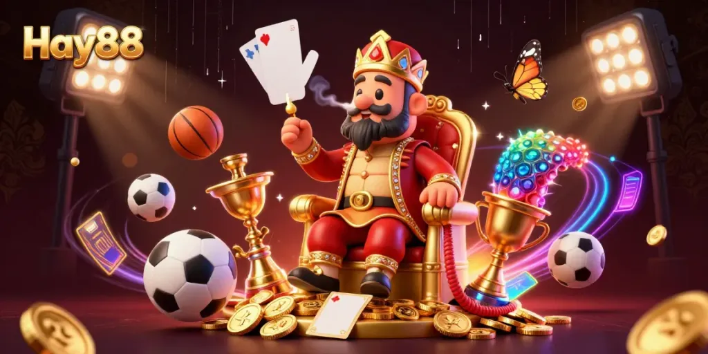 Engage in thrilling gaming at Hay88 with dynamic 3D casino characters and vibrant casino elements.