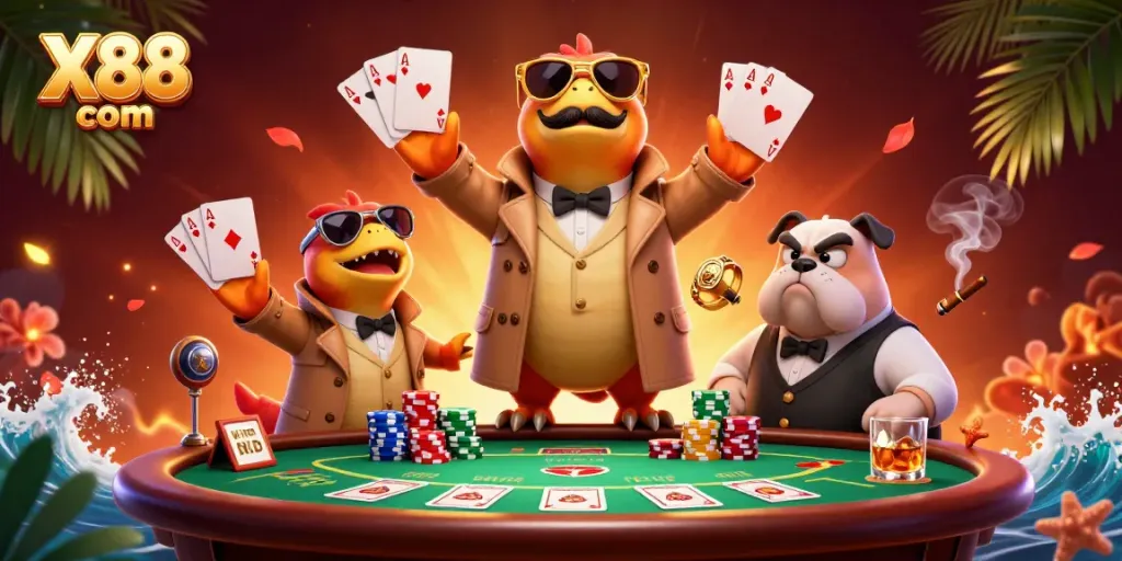 Experience gaming excitement at X88 com with vibrant raptors in a casino scene.