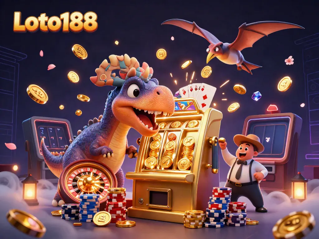 Experience the excitement of Loto188 with a pachycephalosaurus and friends in an action-packed casino scene.