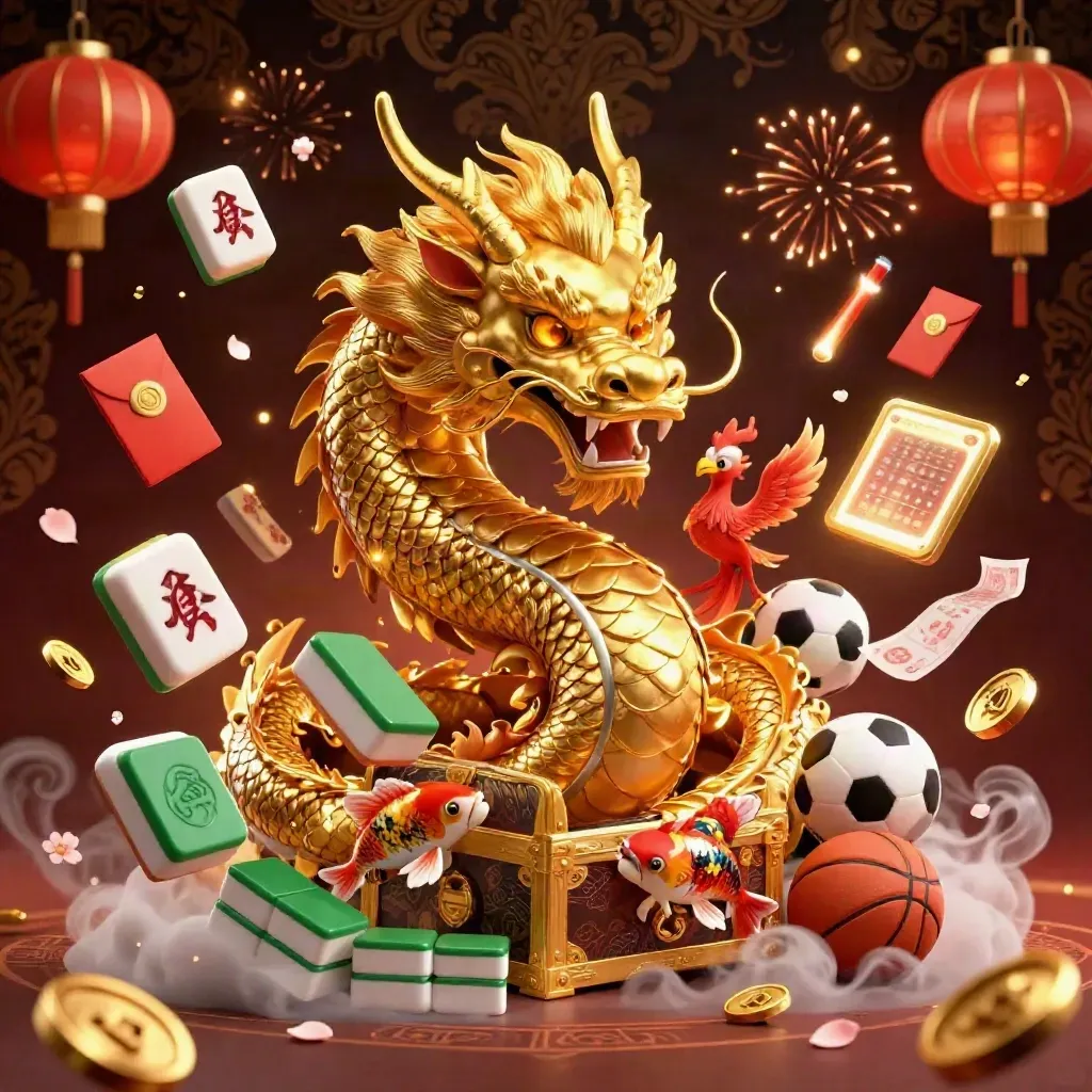 Golden dragon, phoenix, koi, and casino symbols bursting in burgundy and gold fantasy art.