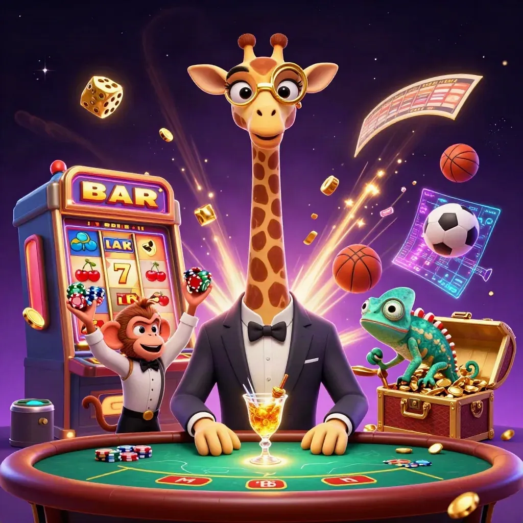 Giraffe high roller, monkey valet, and chameleon bartender amid neon casino treasure and sports icons.