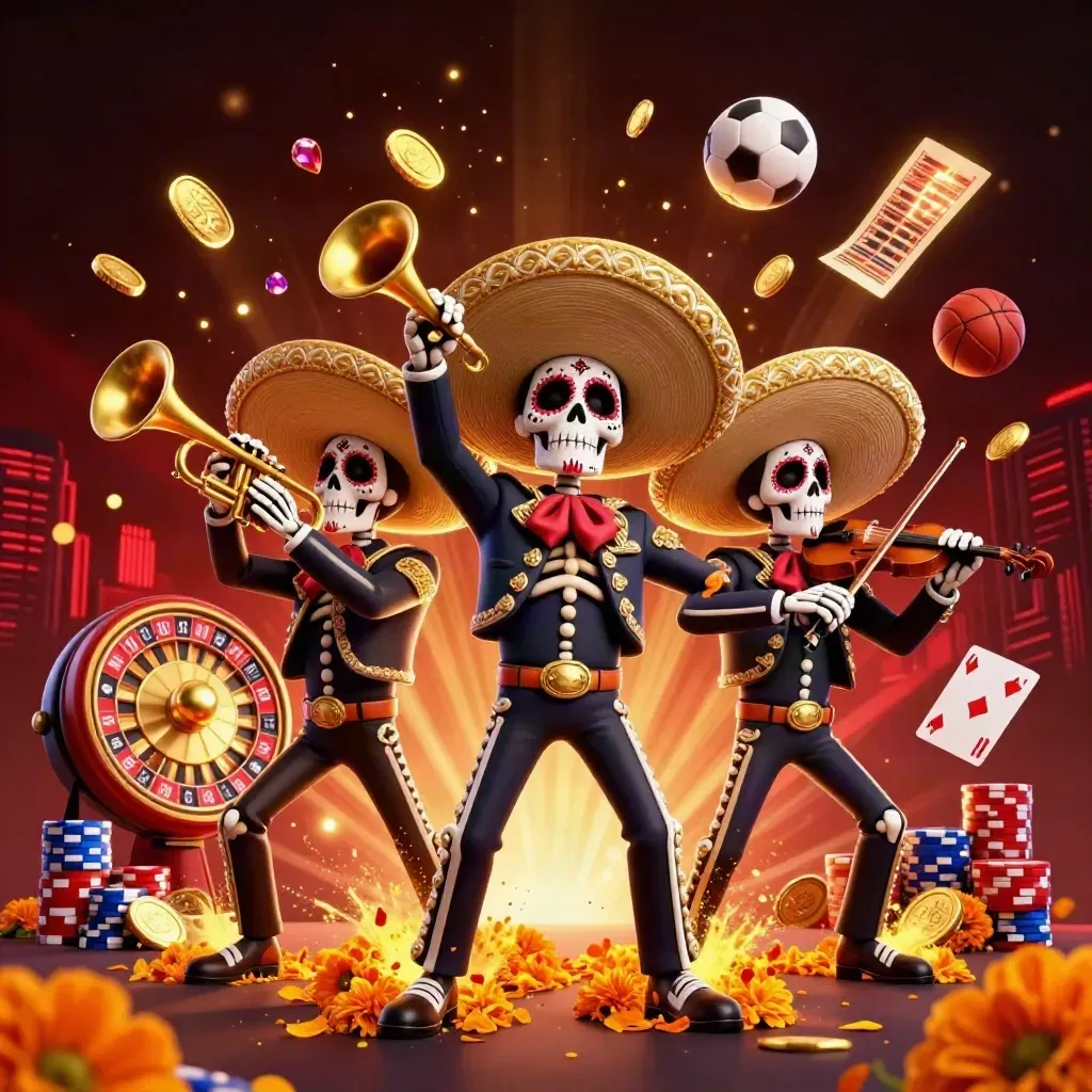 Skeleton mariachi trio amid flying casino chips, cards, coins and glowing dark red light.