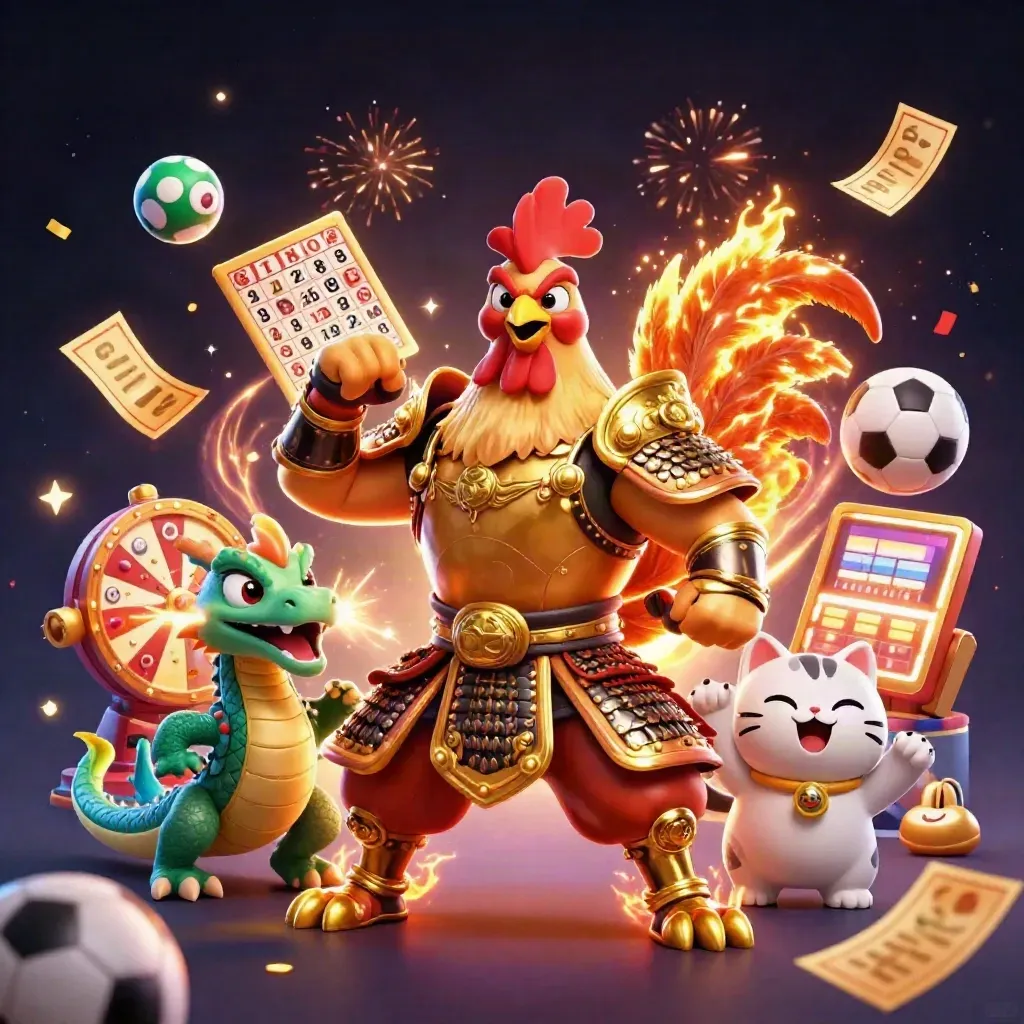 Rooster warrior, dragon hatchling, and fortune-cat amid casino sparks, lottery balls, and sports gear.