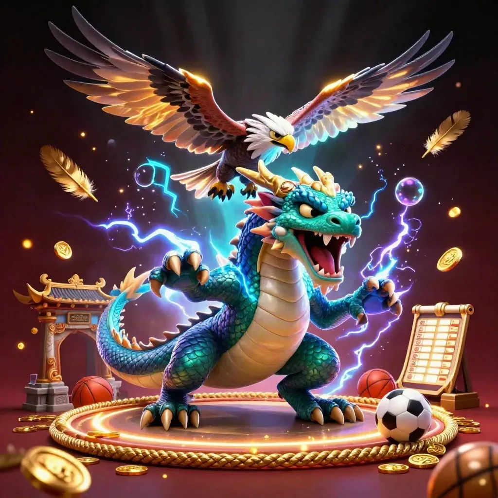 Thunder dragon, glowing hawk, and static mouse amid gold coins, temple gate, lightning, and casino sports props