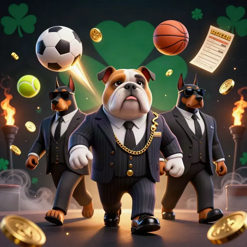 Low-angle casino art: bulldog boss, two Dobermans, flying sports balls, gold coins, blazing lights.
