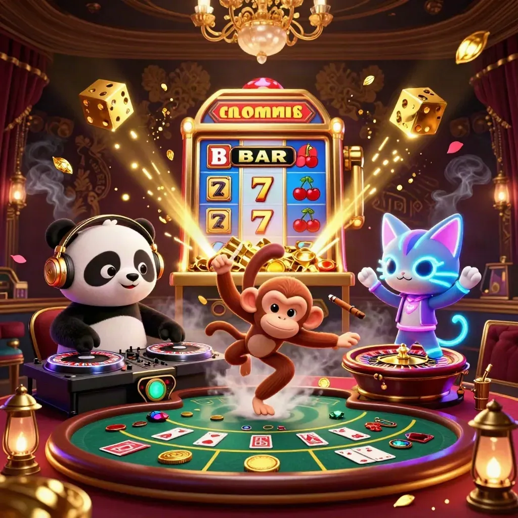 DJ panda, monkey, and glow kitten in a luxe casino scene with jackpot burst and glowing gold effects
