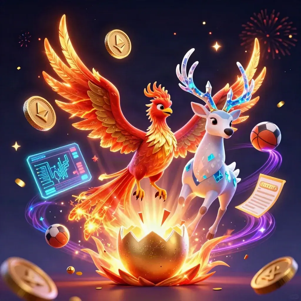 Phoenix and stag with crypto coins, sports balls, and magical casino effects in a neon arena.
