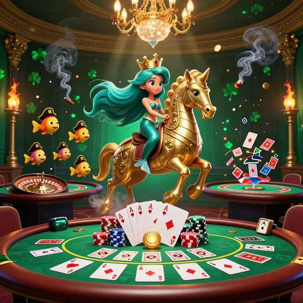 Mermaid princess on armored seahorse in a glowing emerald casino with poker, roulette, and pirate fish