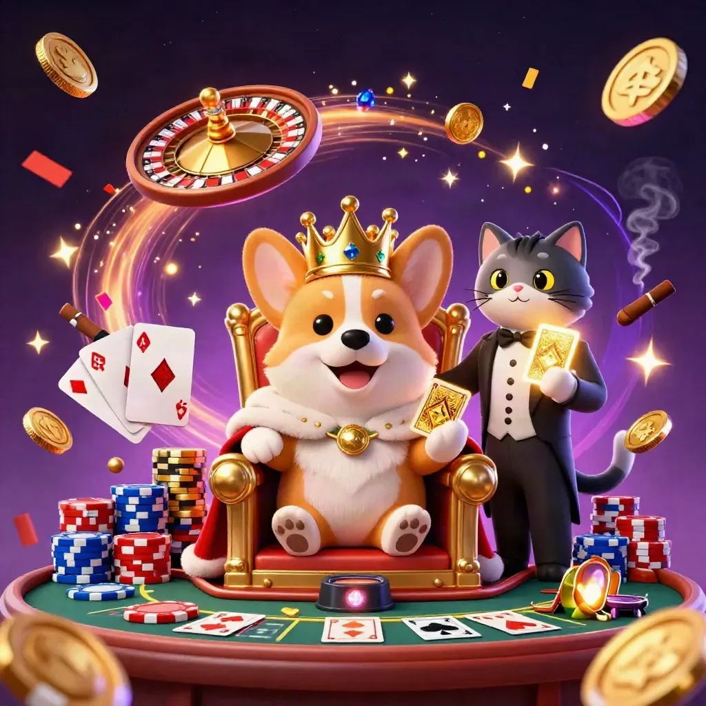 Corgi king and cat butler amid gold coins, roulette, chips, gemstones, confetti, and starry casino glow
