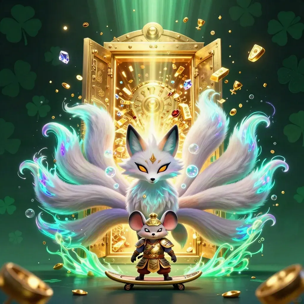 Fox spirit and armored mouse burst from a gold vault amid gems, emerald glow, and treasure light.