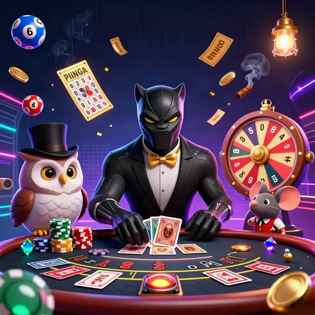 Panther, owl, and mouse in a neon casino tableau with spinning wheel, cards, and glittering gold