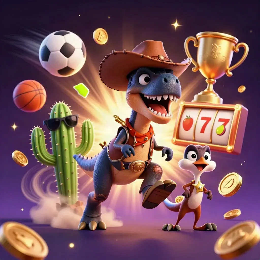 Cowboy T-Rex, cactus and roadrunner burst through casino lights with balls, coins and trophy.