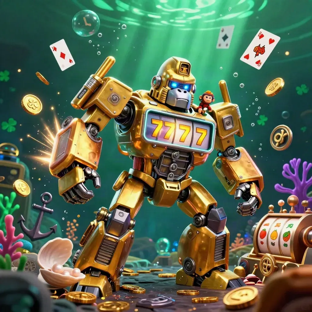 Golden gorilla mech with tiny pilot amid underwater treasure, bubbles, coral, coins, and neon glow.