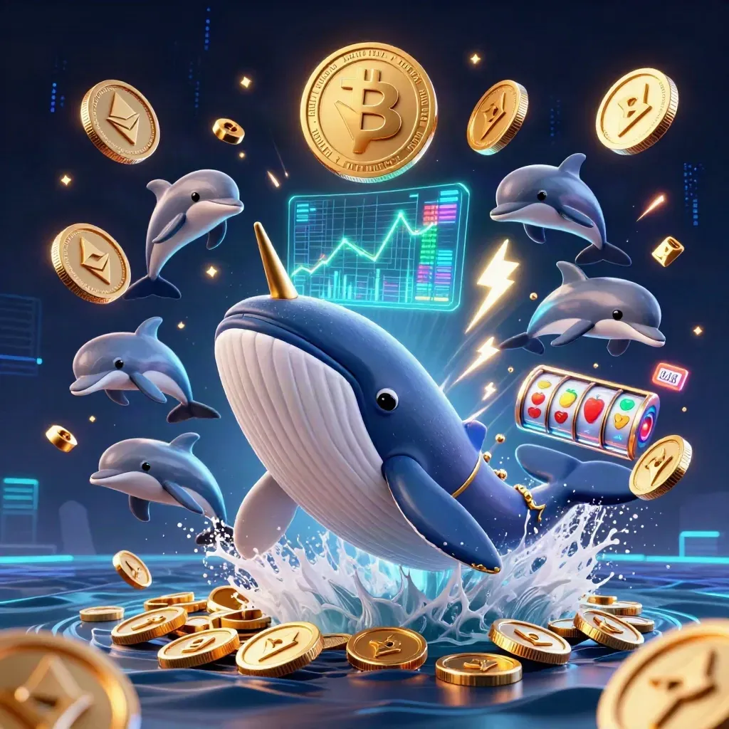 Cartoon whale captain and narwhal amid coins, chips, neon crypto effects on a dark casino backdrop