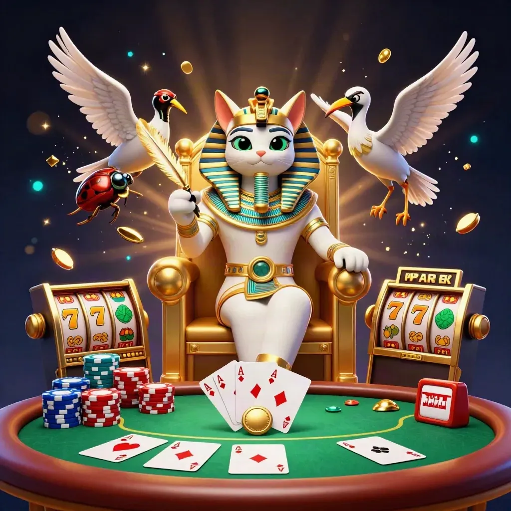 Pharaoh cat, ibis scribe, and gem-winged scarabs amid casino chaos and treasure bursts.