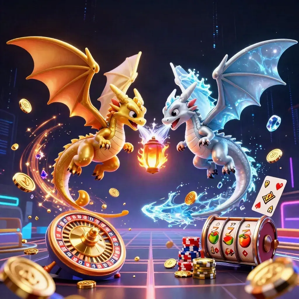 Twin gold and silver dragons spiral with fire and ice amid casino treasures and neon energy.