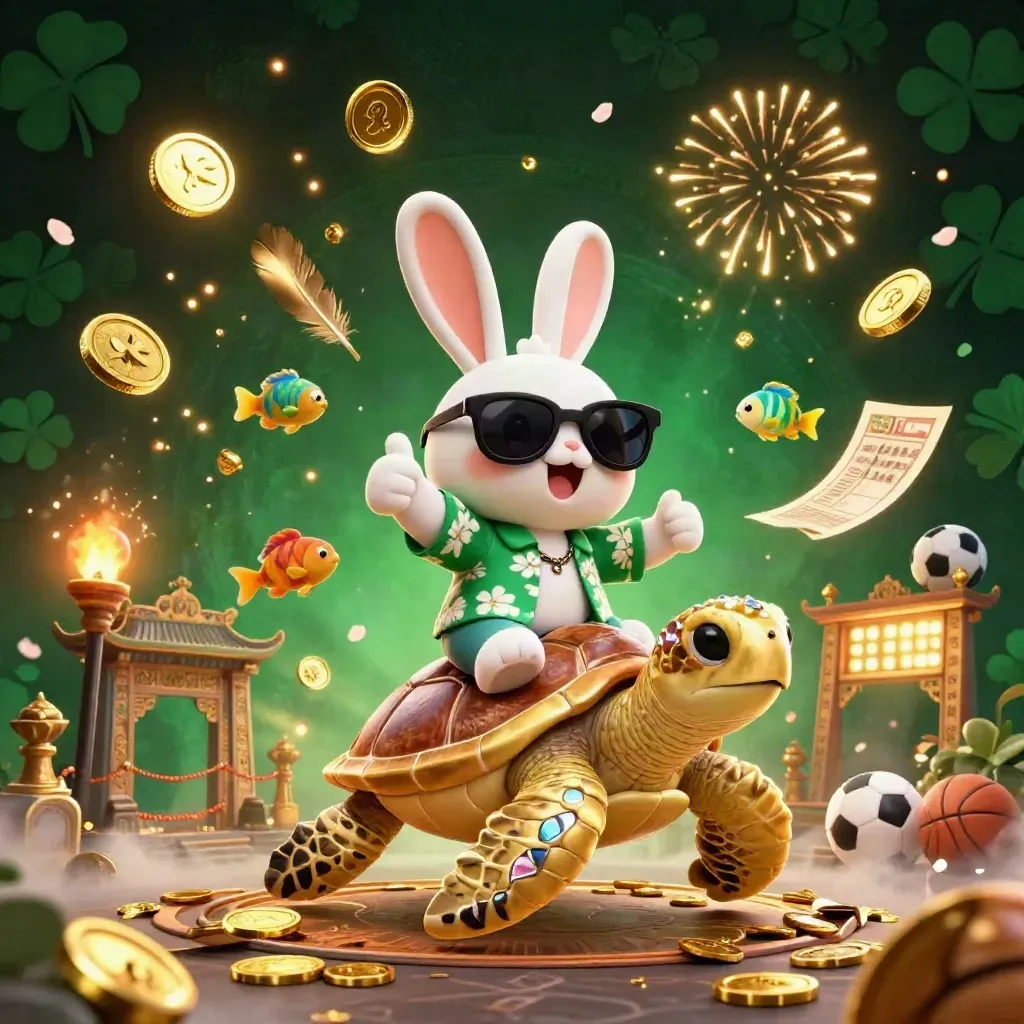 Lucky rabbit on a gold turtle amid coins, fireworks, temple gate, and sports icons.