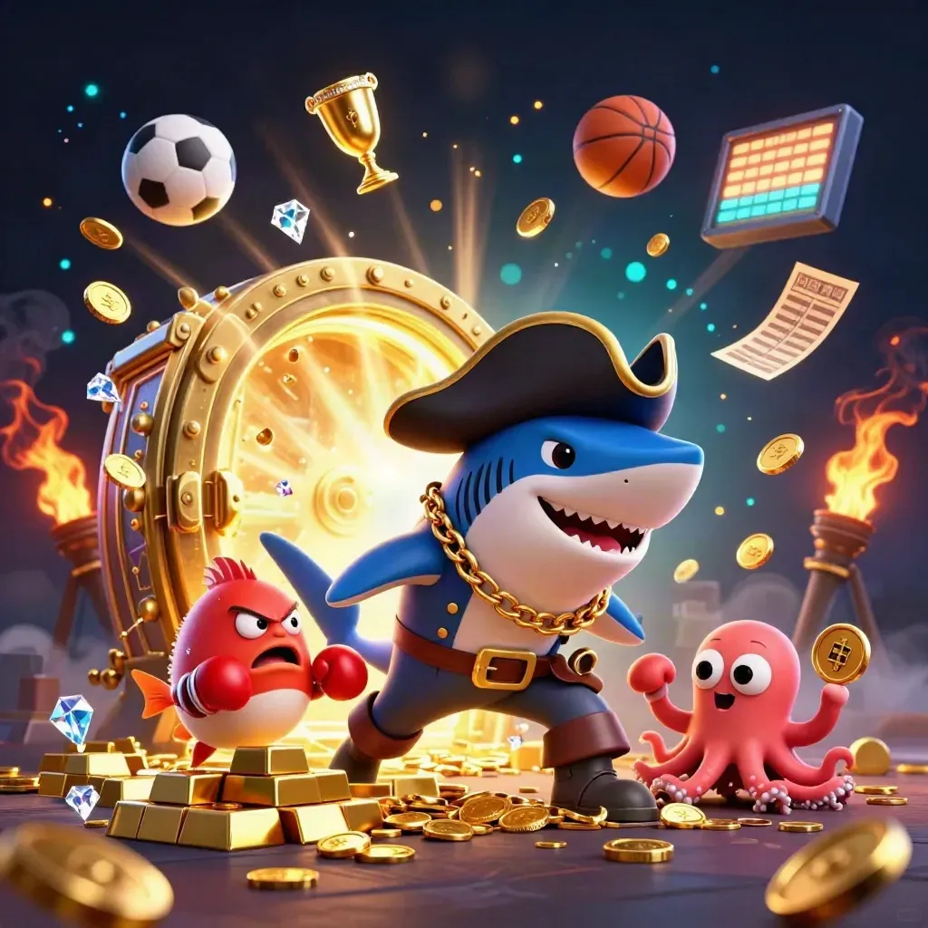 Pirate shark, boxing pufferfish, and coin-juggling octopus amid a bursting gold vault and fireworks.