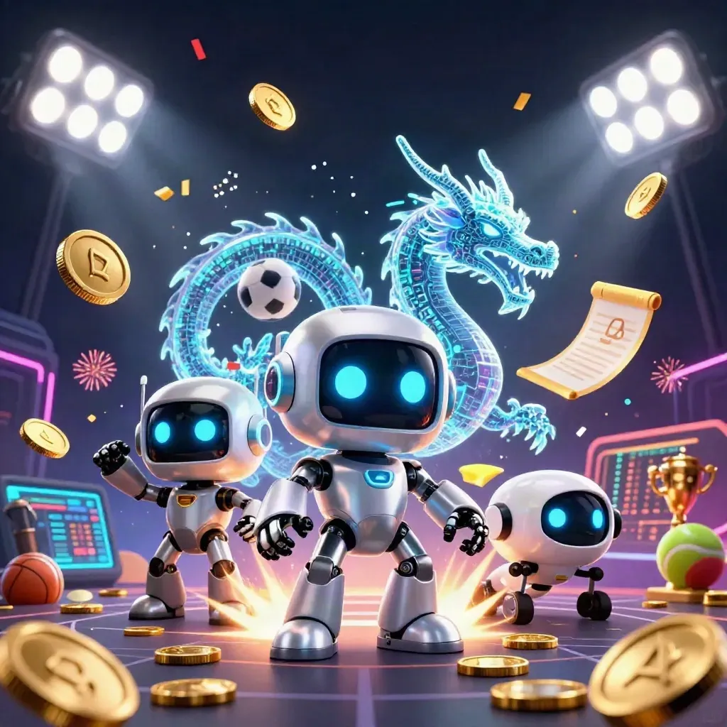 Robot, holographic dragon, and coin drone amid coins, balls, trophy, fireworks, and neon vault energy.
