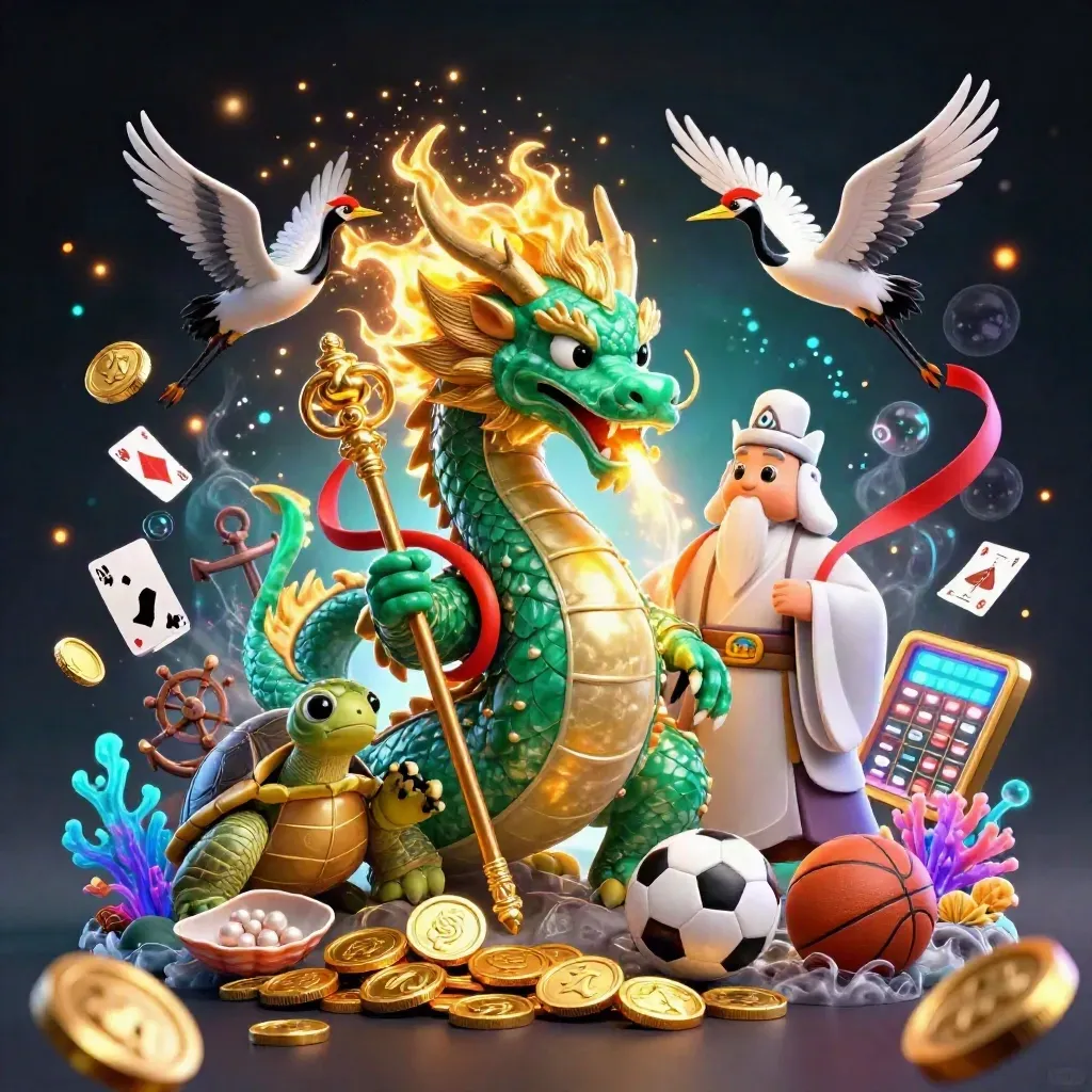 Emerald dragon, turtle sage, and cranes amid treasure, coins, sports icons, and fireworks.