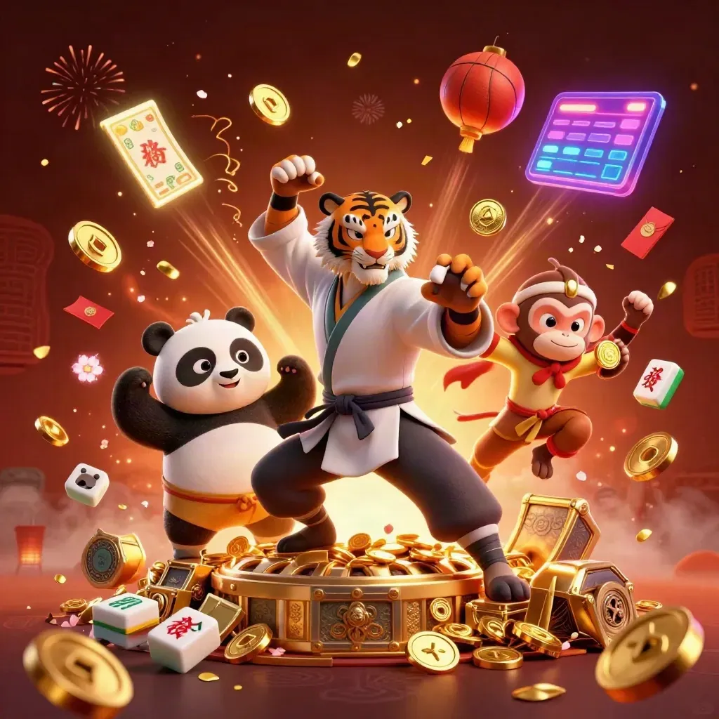 Kung-fu tiger, panda, and monkey celebrate amid treasure, coins, fireworks, and casino sports props.