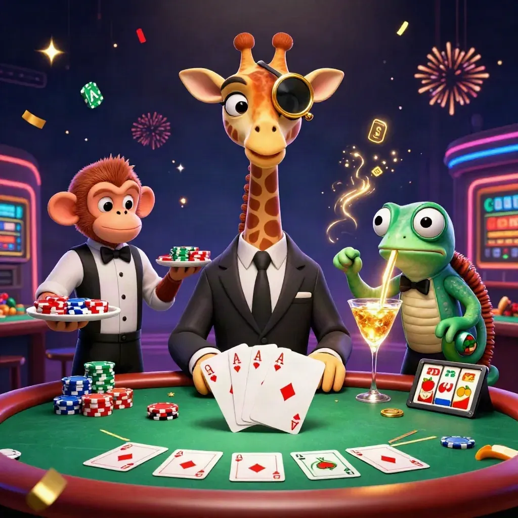 Giraffe, monkey, and chameleon at a poker table with chips, cards, fireworks, and neon glow.