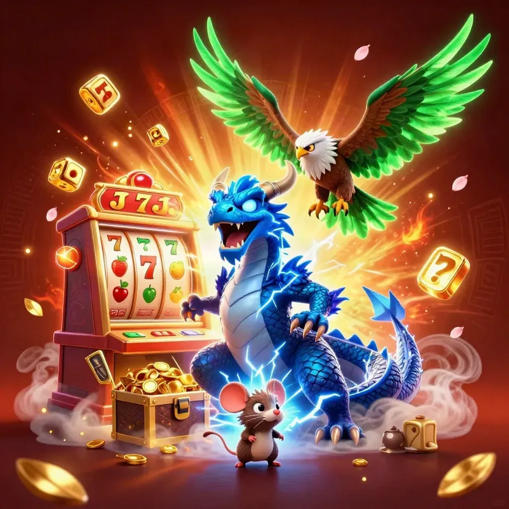 Thunder dragon, hawk, and static mouse burst through a jackpot storm with gold and neon glow.