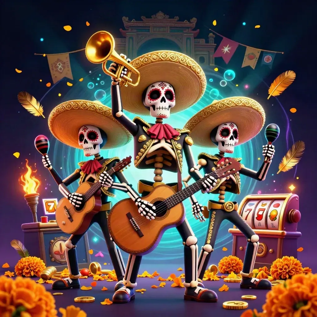 Three festive skeleton mariachi heroes amid slot reels, coins, temple gate, and neon casino glow.
