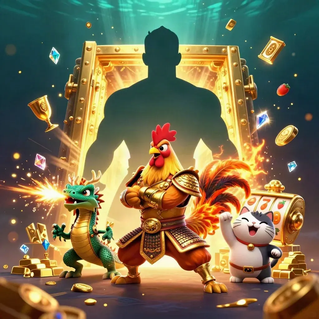 Rooster warrior, dragon hatchling, and lucky cat amid gold vault, gems, and casino effects.