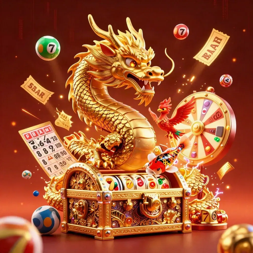 Golden dragon, phoenix, koi and casino tokens bursting in a dark crimson premium game tile.