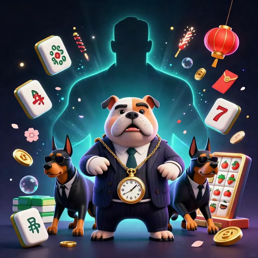 Bulldog mob boss with two Doberman guards amid casino lucky charms and neon effects
