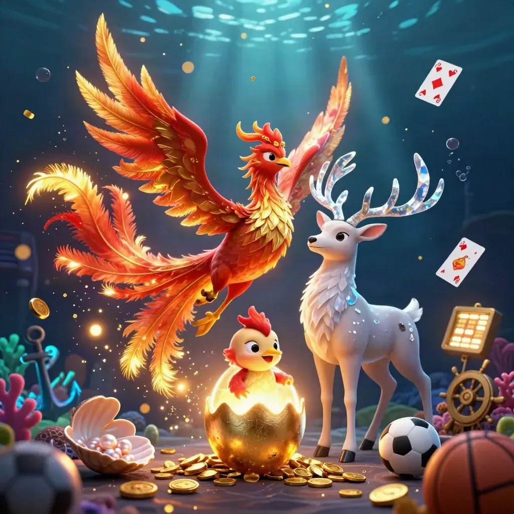 Phoenix, baby phoenix, and crystal stag amid gold coins, coral, cards, and casino sports props underwater.