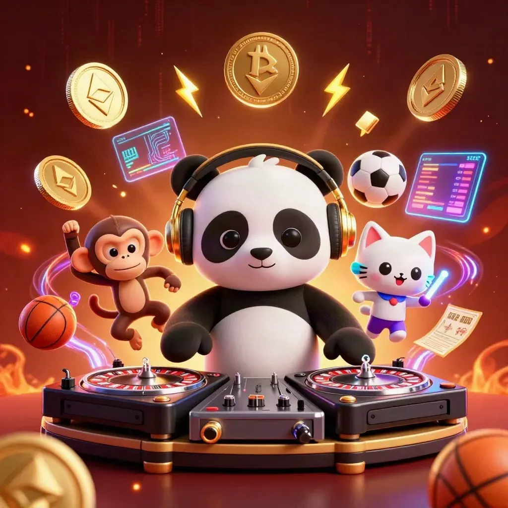 DJ panda, breakdancing monkey, and glow-stick kitten amid casino coins and neon effects