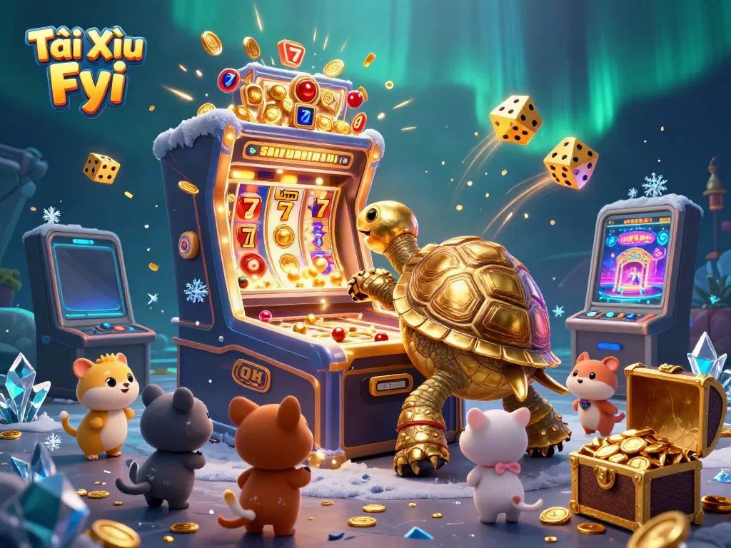 Tài Xỉu Fyi captivating casino illustration with a golden tortoise pinball and slot machine elements.