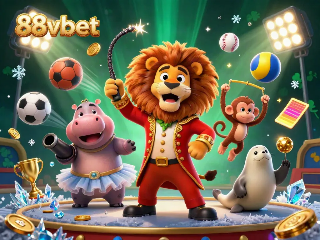 Bet on thrilling moments with 88vbet, featuring 3D circus characters and vibrant casino elements.