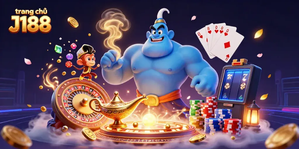 Experience excitement at trang chủ J188 with the captivating genie, poker chips, and casino elements.