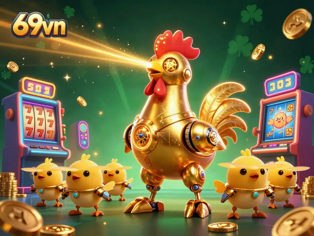 Enjoy exciting slots action at 69vn with a golden rooster robot surrounded by vibrant game elements.